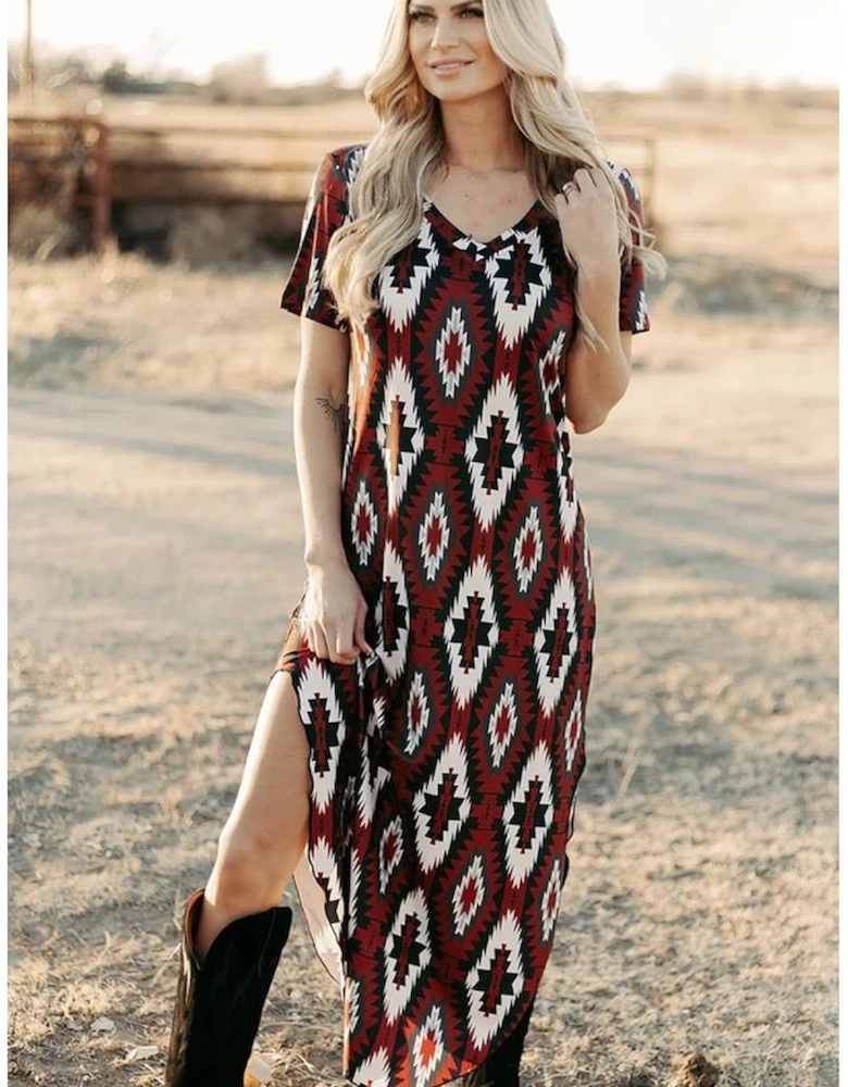Red Western Aztec Printed Long T-shirt Dress