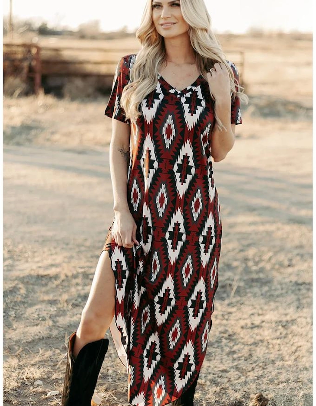 Red Western Aztec Printed Long T-shirt Dress