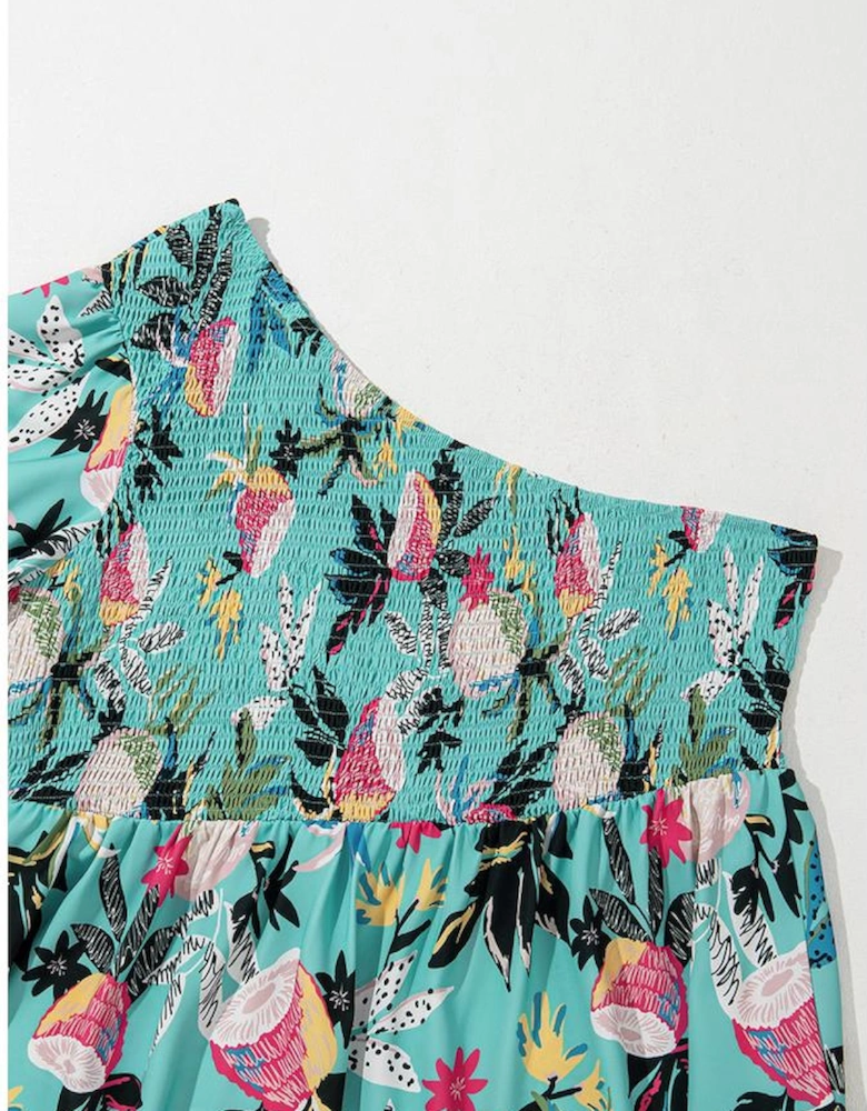 Green Plus Size Floral Smocked Bodice Single Puff Short Sleeve Babydoll Blouse