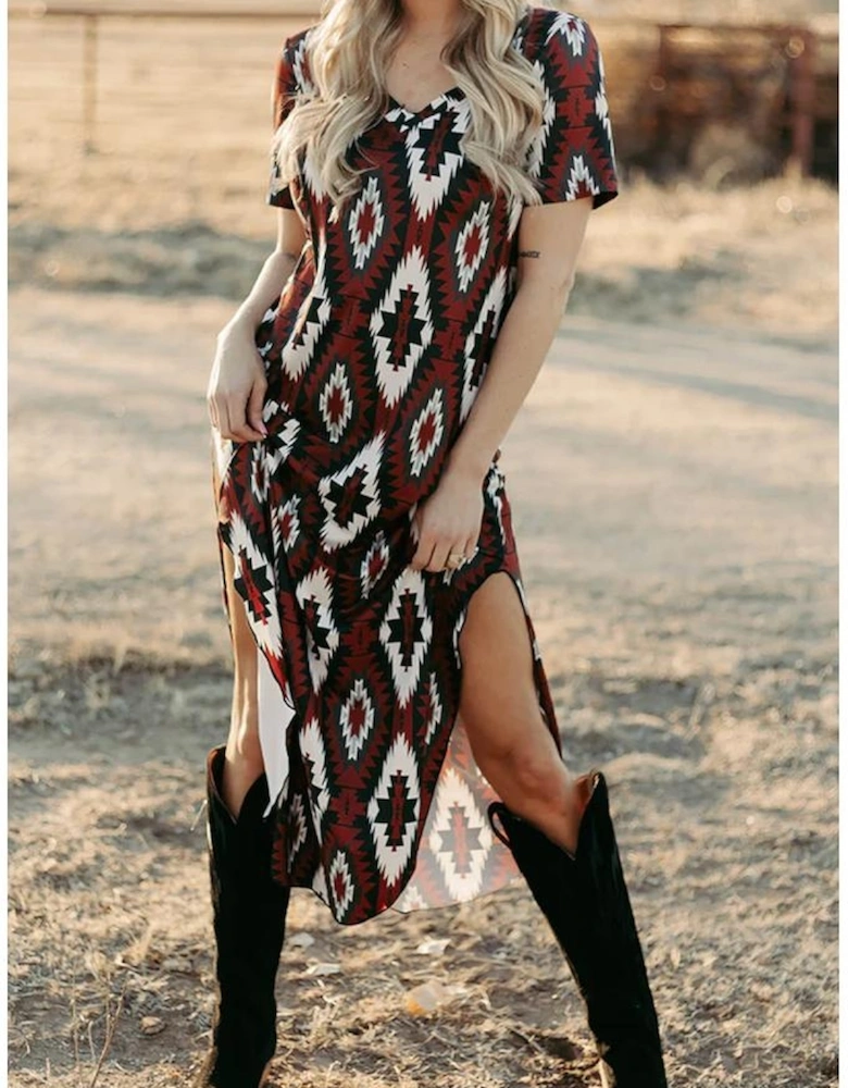 Red Western Aztec Printed Long T-shirt Dress
