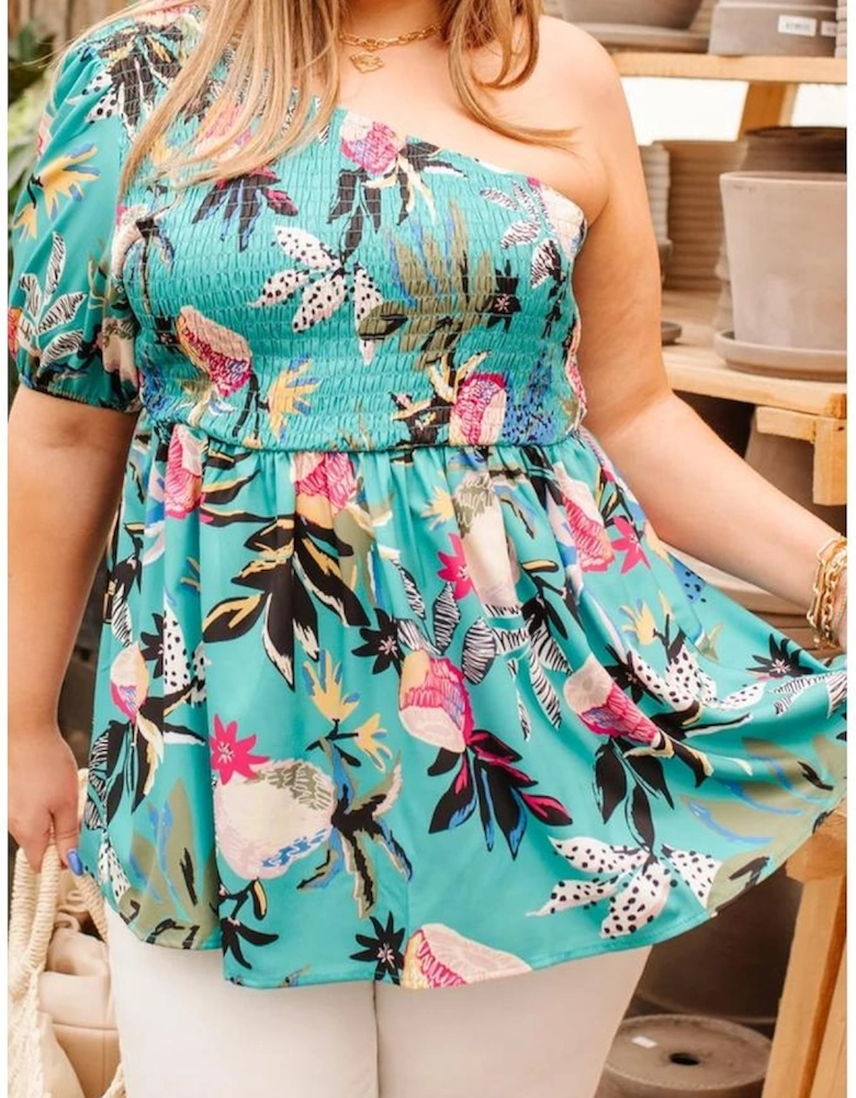 Green Plus Size Floral Smocked Bodice Single Puff Short Sleeve Babydoll Blouse