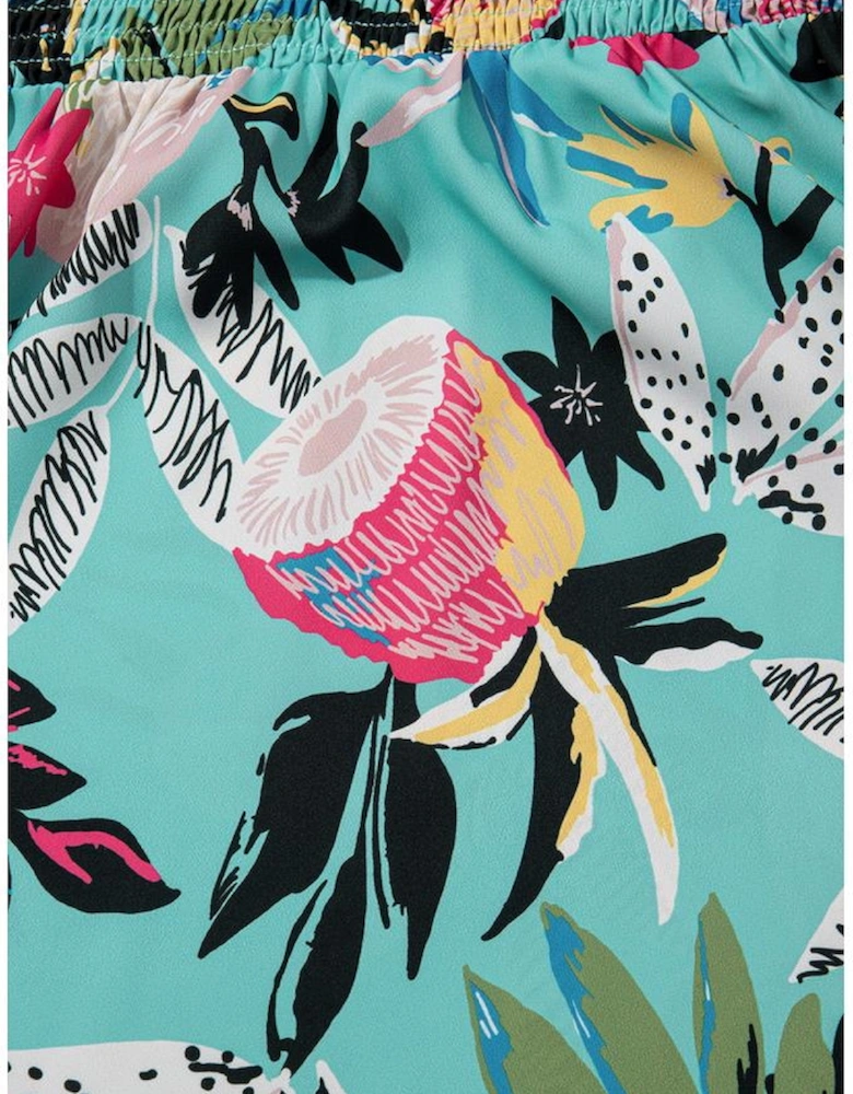 Green Plus Size Floral Smocked Bodice Single Puff Short Sleeve Babydoll Blouse