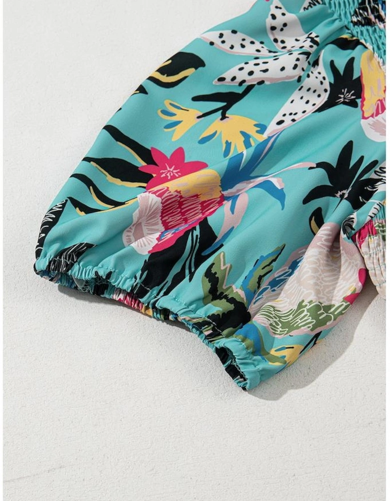 Green Plus Size Floral Smocked Bodice Single Puff Short Sleeve Babydoll Blouse