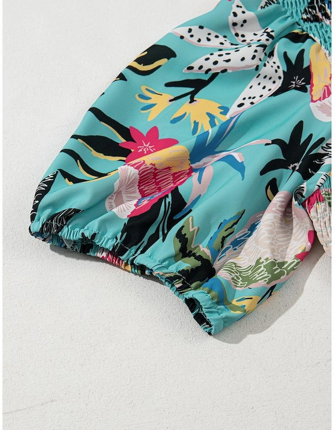 Green Plus Size Floral Smocked Bodice Single Puff Short Sleeve Babydoll Blouse