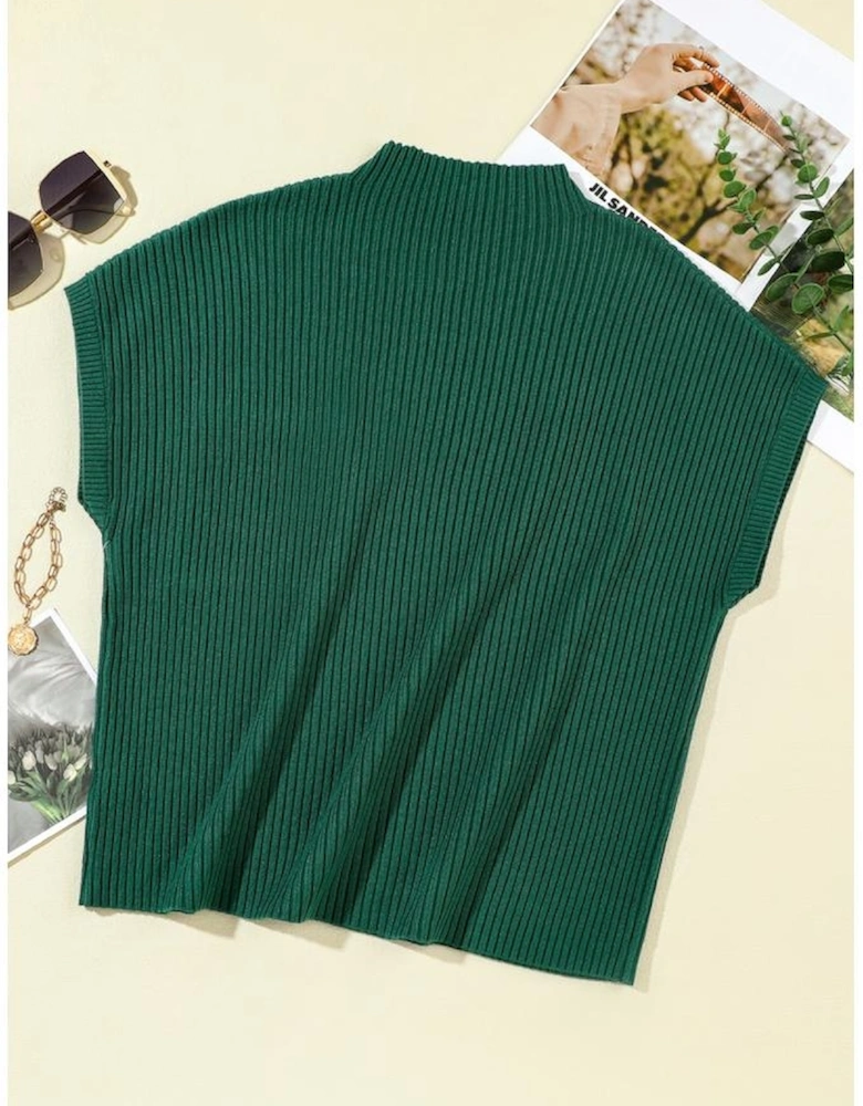 Blackish Green Patch Pocket Ribbed Knit Short Sleeve Sweater