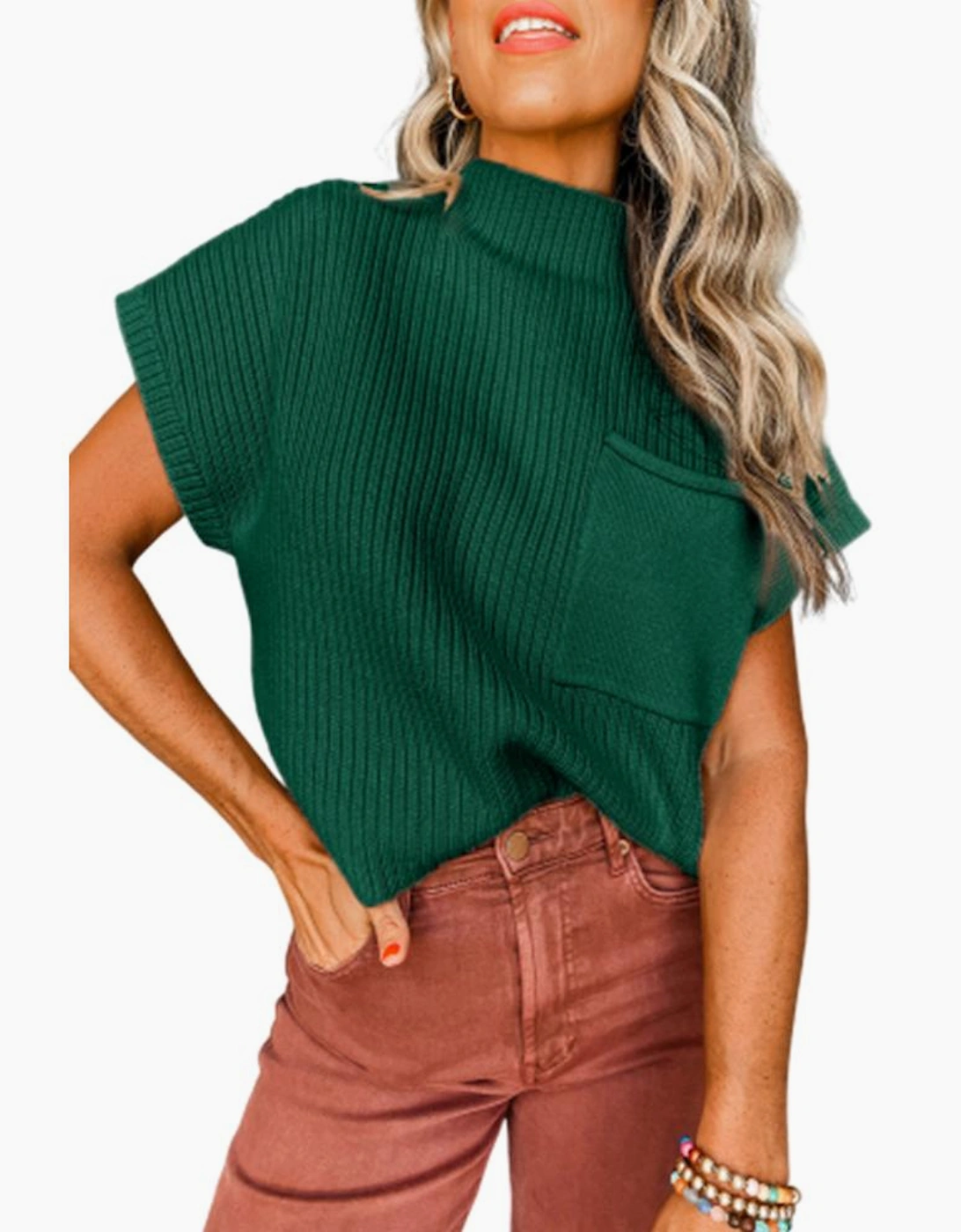 Blackish Green Patch Pocket Ribbed Knit Short Sleeve Sweater