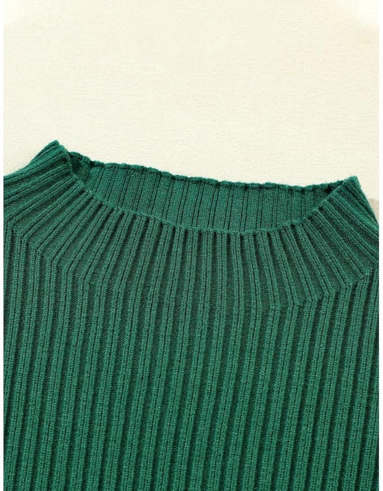 Blackish Green Patch Pocket Ribbed Knit Short Sleeve Sweater