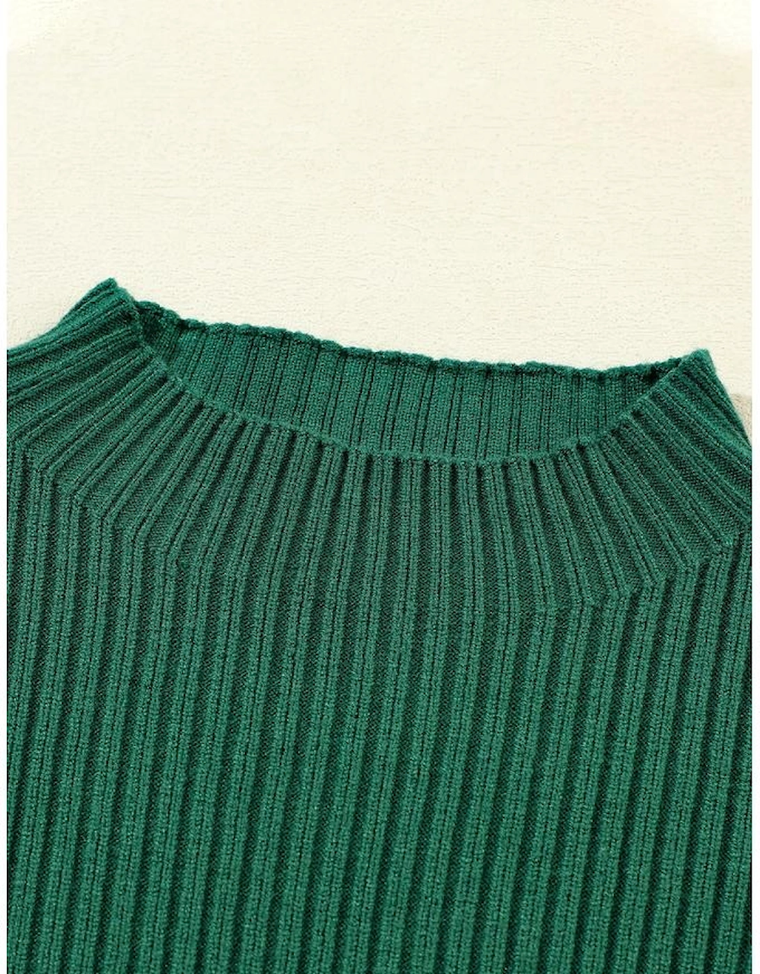 Blackish Green Patch Pocket Ribbed Knit Short Sleeve Sweater
