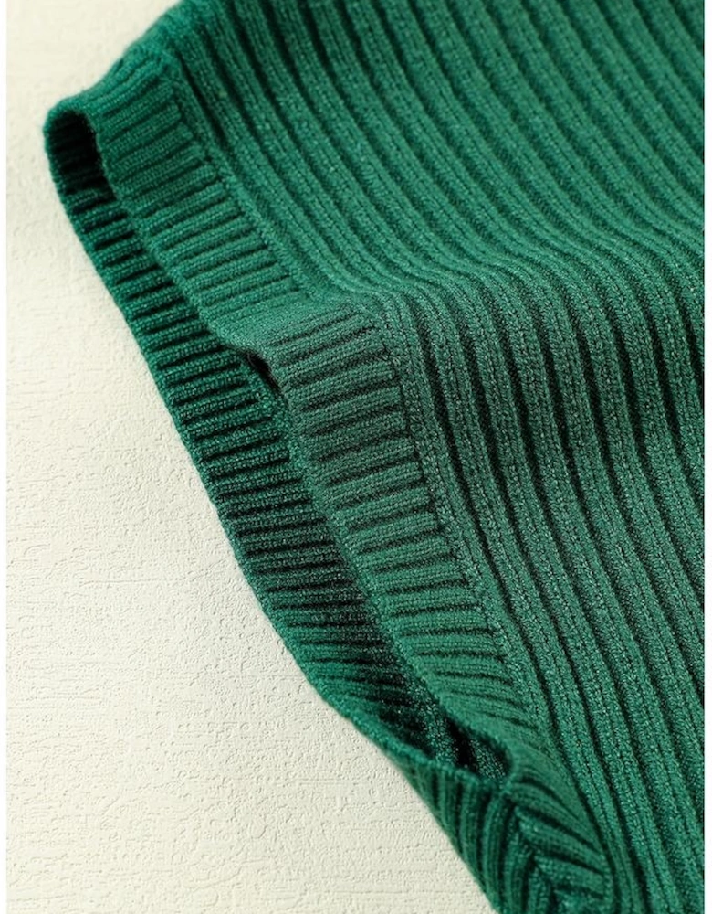 Blackish Green Patch Pocket Ribbed Knit Short Sleeve Sweater