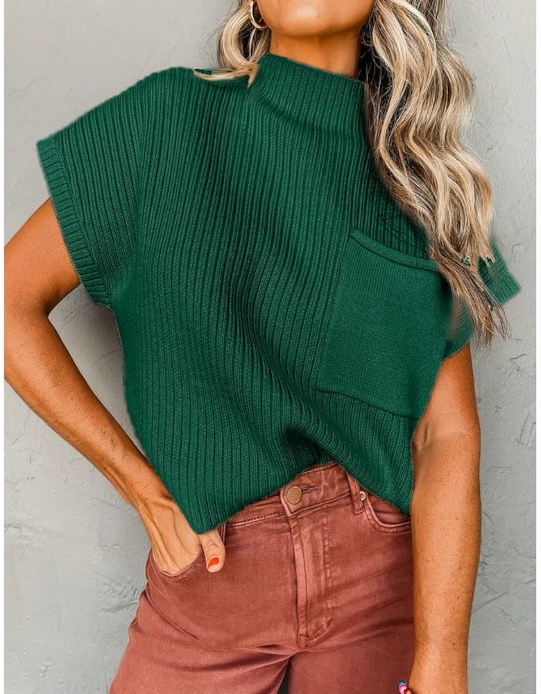 Blackish Green Patch Pocket Ribbed Knit Short Sleeve Sweater