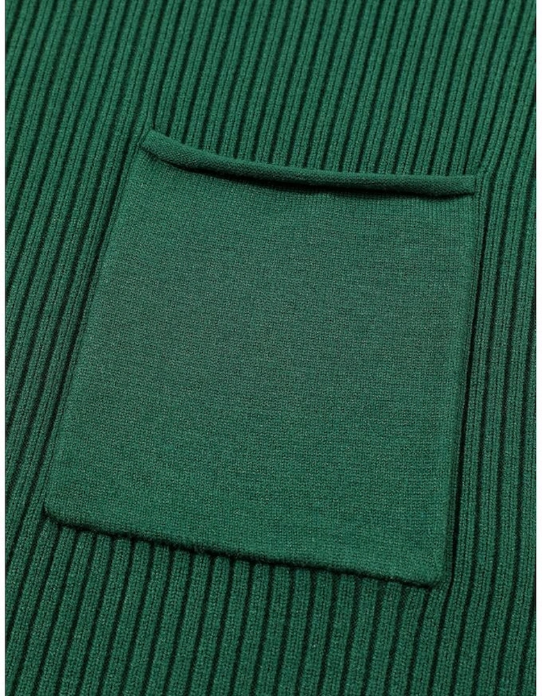 Blackish Green Patch Pocket Ribbed Knit Short Sleeve Sweater