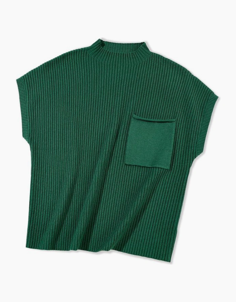 Blackish Green Patch Pocket Ribbed Knit Short Sleeve Sweater