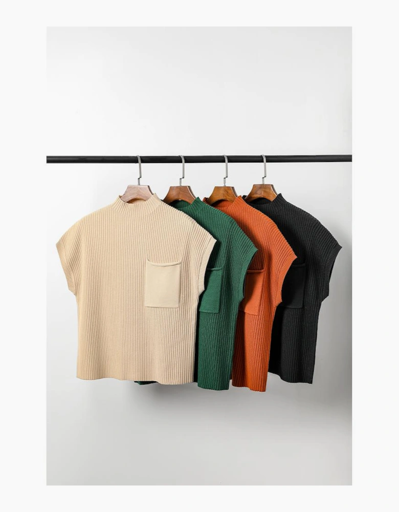 Gold Flame Patch Pocket Ribbed Knit Short Sleeve Sweater