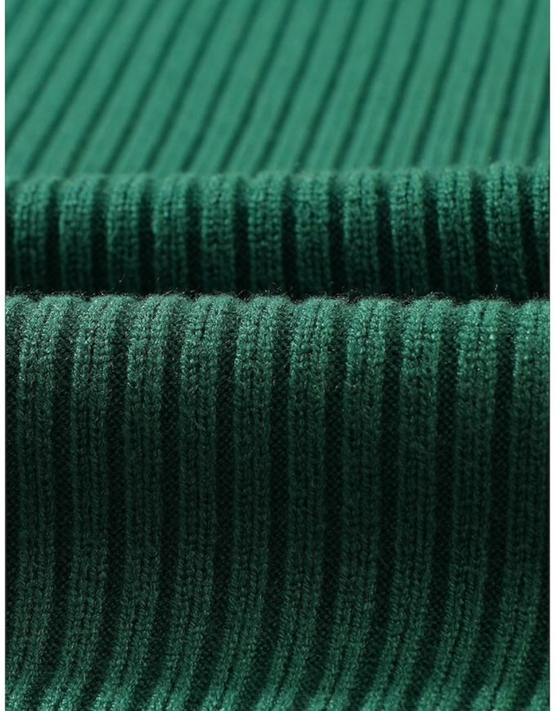 Blackish Green Patch Pocket Ribbed Knit Short Sleeve Sweater