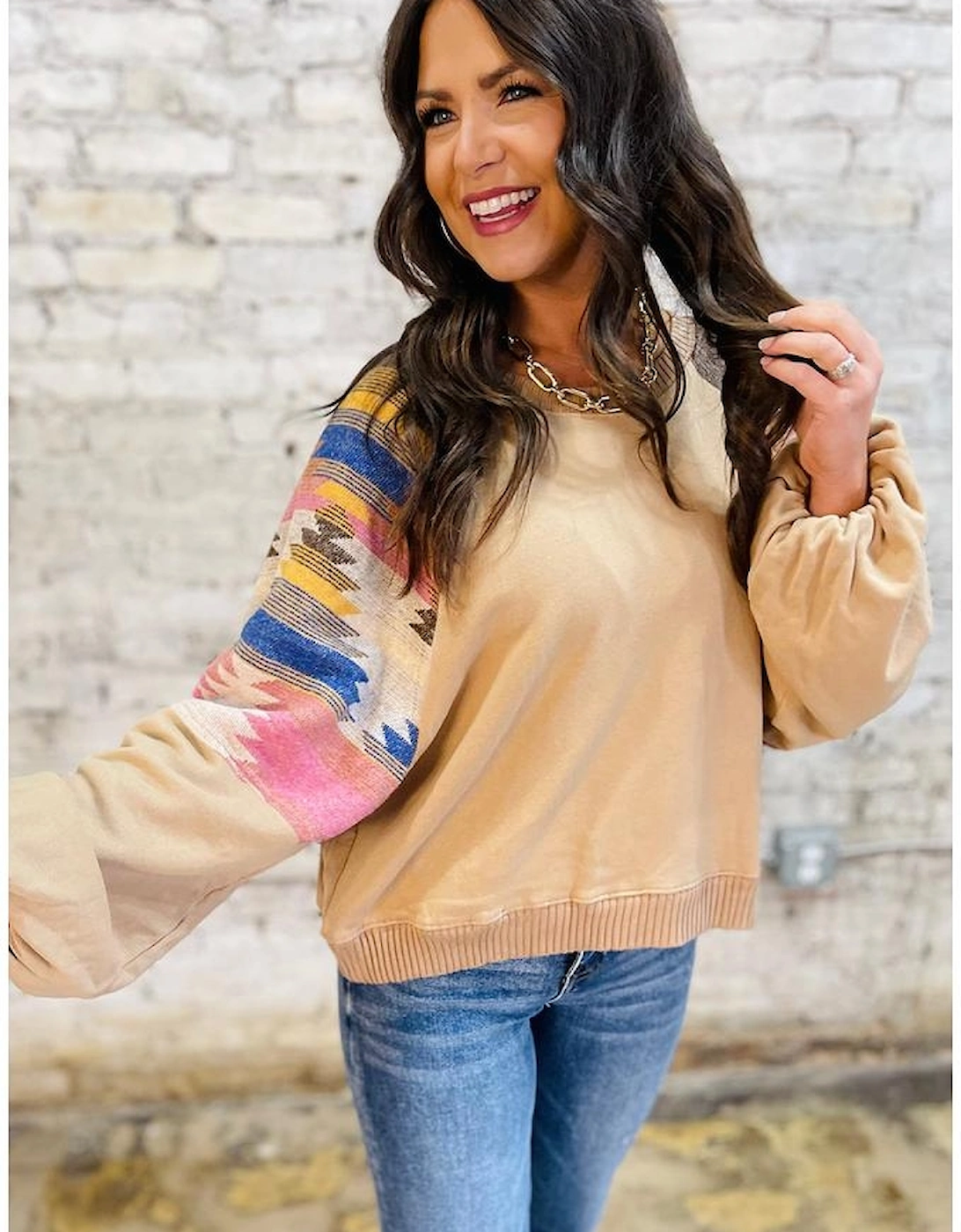 Light French Beige Aztec Patchwork Raglan Pullover Sweatshirt, 15 of 14