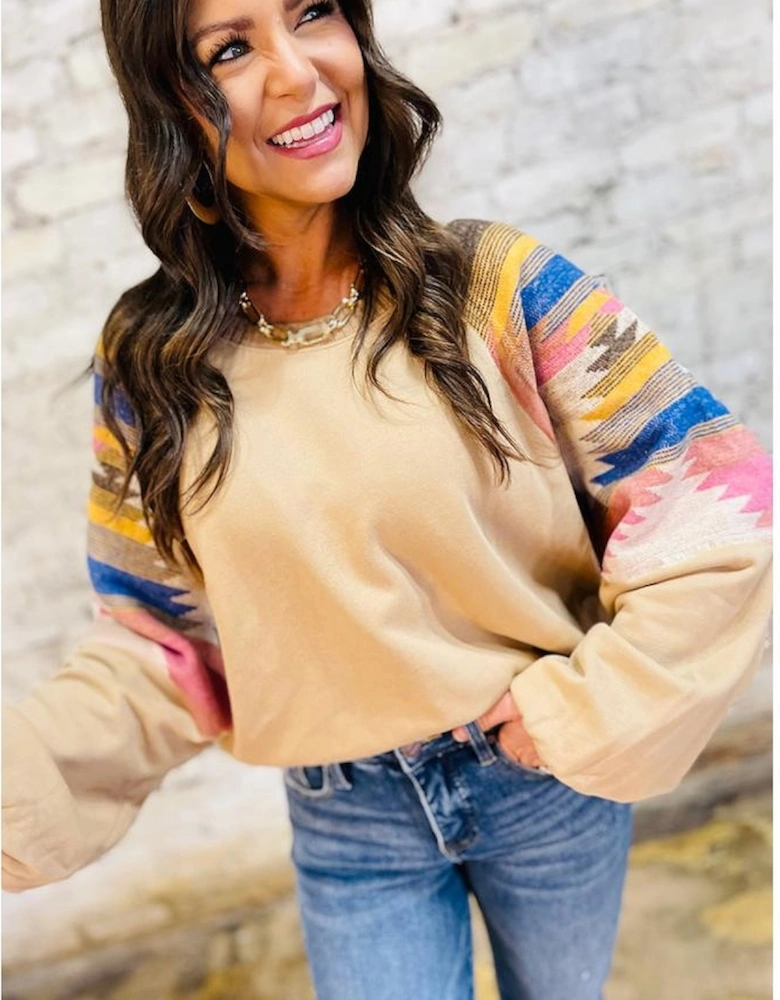 Light French Beige Aztec Patchwork Raglan Pullover Sweatshirt