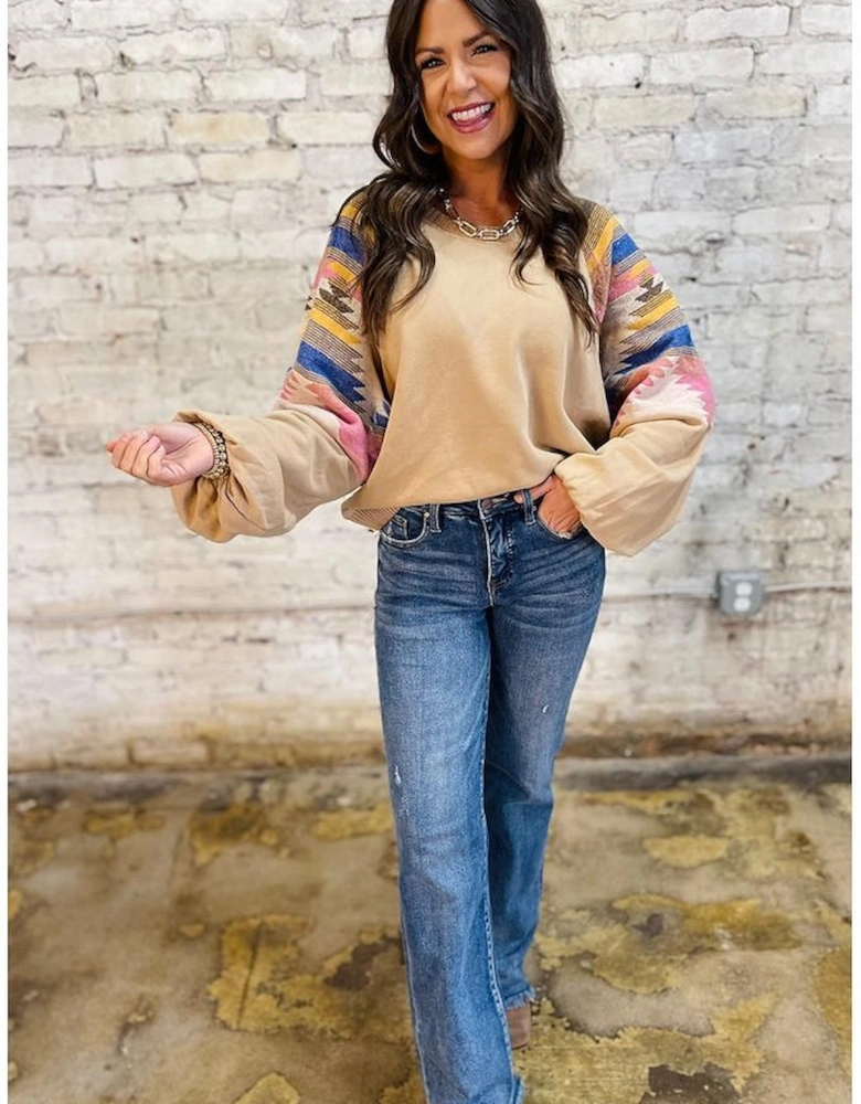 Light French Beige Aztec Patchwork Raglan Pullover Sweatshirt