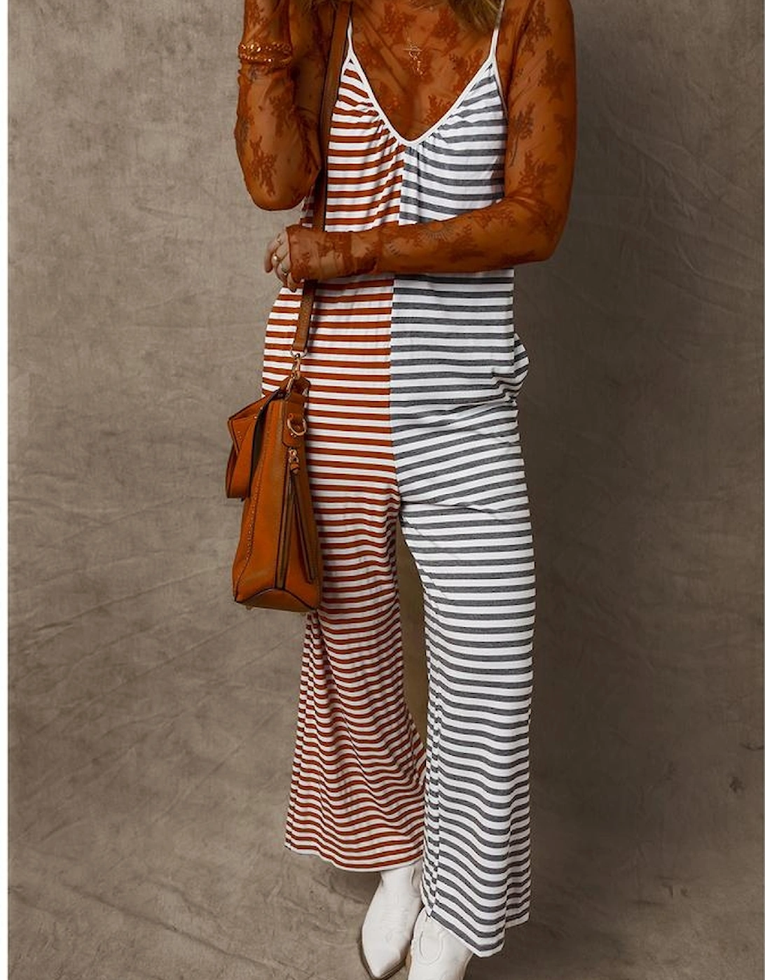 Yellow Stripe Two Tone Contrast Spaghetti Strap Backless Overall