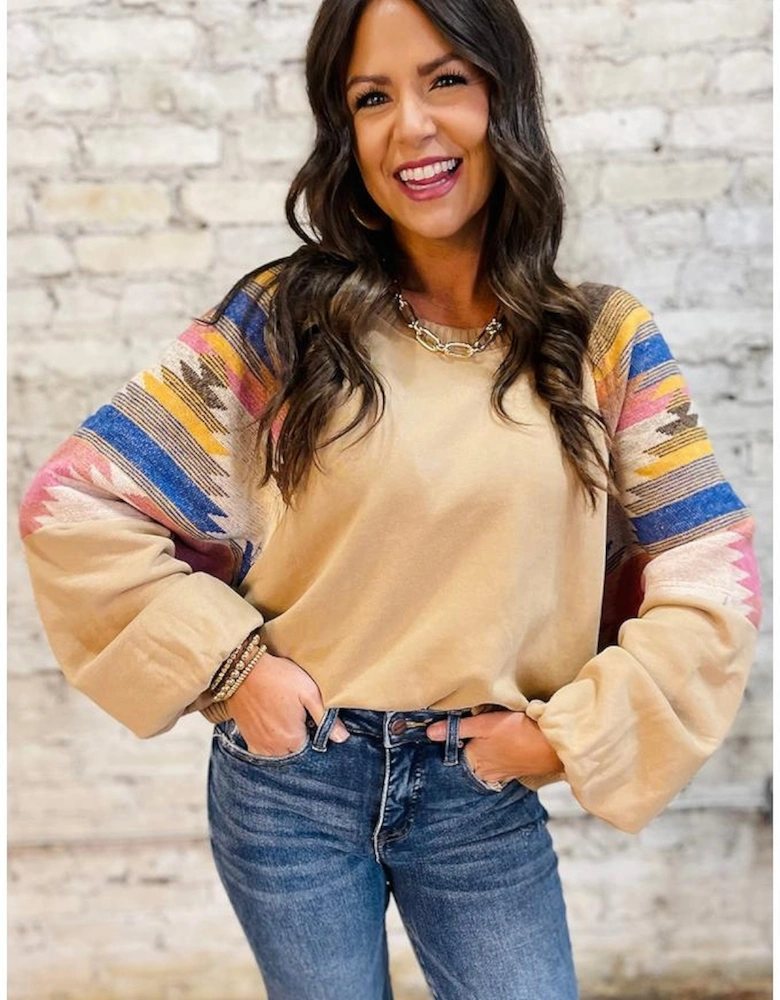 Light French Beige Aztec Patchwork Raglan Pullover Sweatshirt