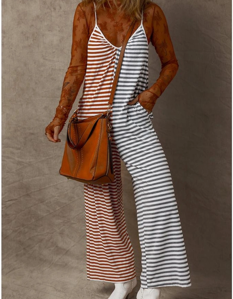 Yellow Stripe Two Tone Contrast Spaghetti Strap Backless Overall