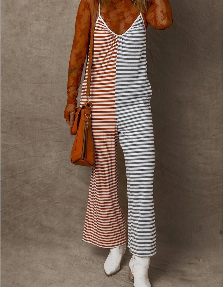 Yellow Stripe Two Tone Contrast Spaghetti Strap Backless Overall