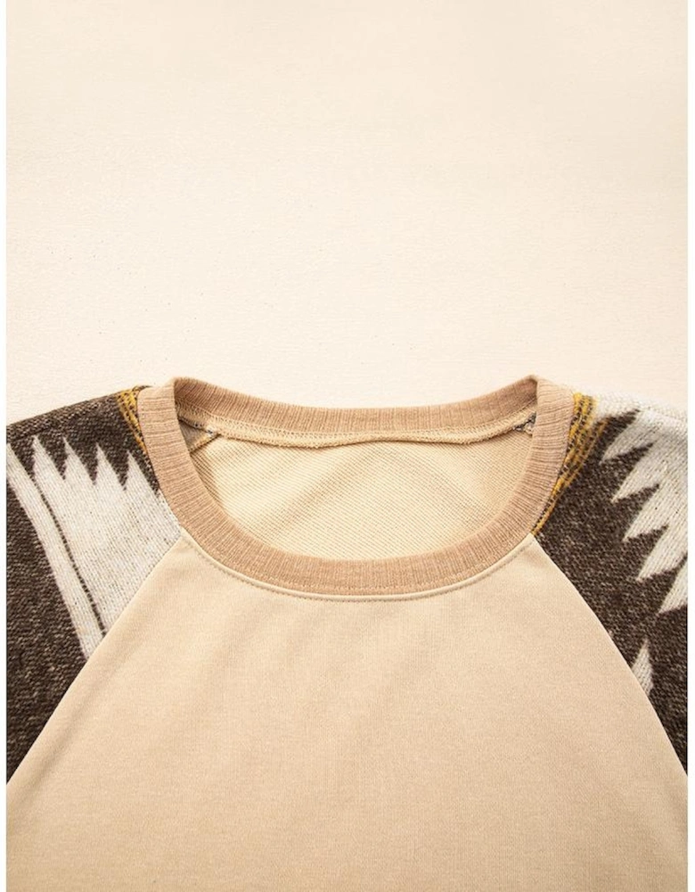 Light French Beige Aztec Patchwork Raglan Pullover Sweatshirt