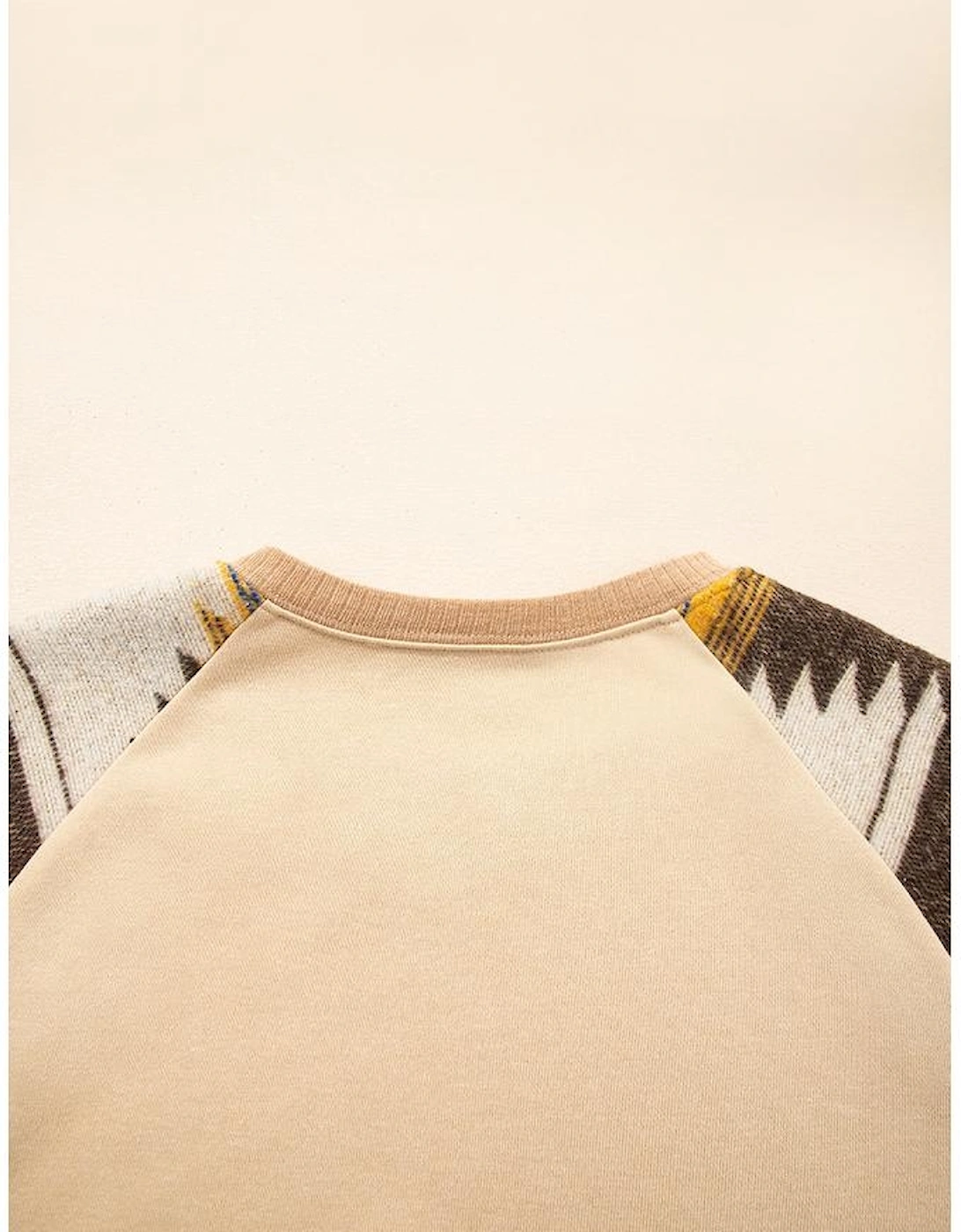 Light French Beige Aztec Patchwork Raglan Pullover Sweatshirt