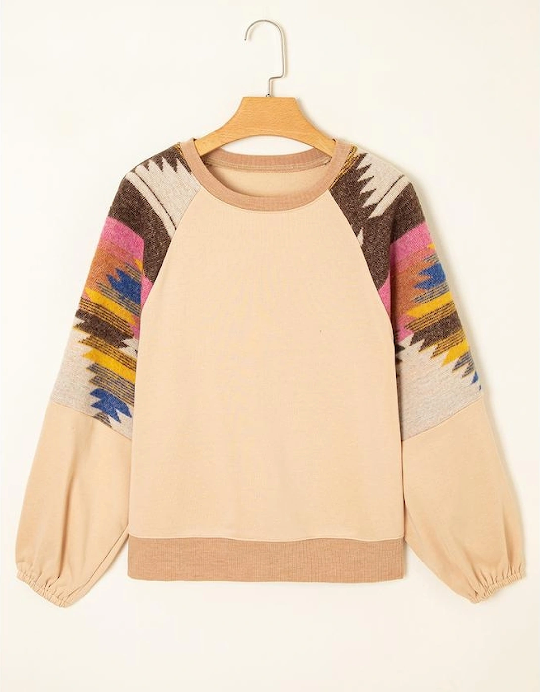 Light French Beige Aztec Patchwork Raglan Pullover Sweatshirt