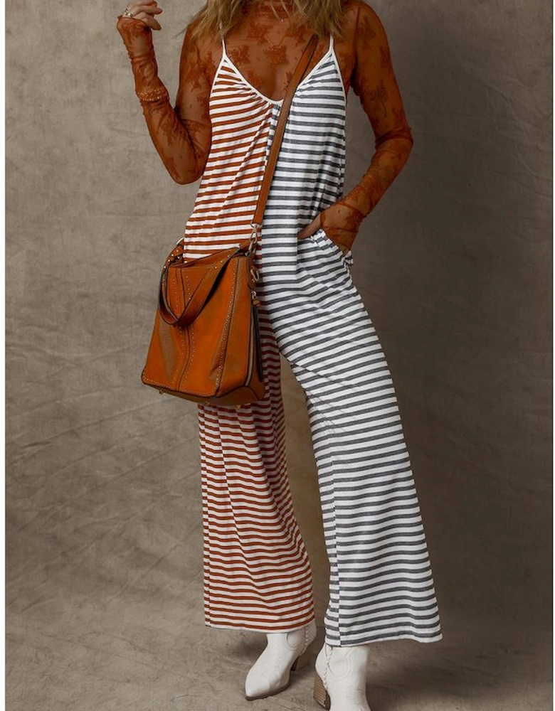 Yellow Stripe Two Tone Contrast Spaghetti Strap Backless Overall