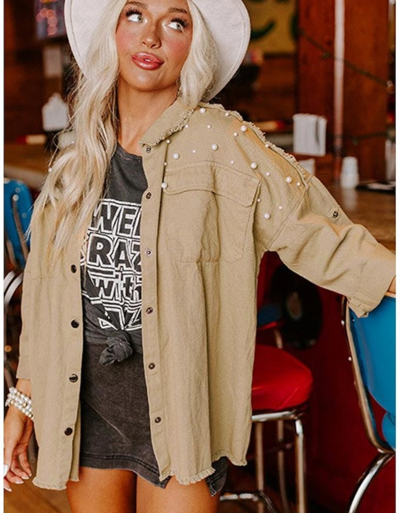 Khaki Pearl Beaded Raw Hem Button Up Denim Jacket