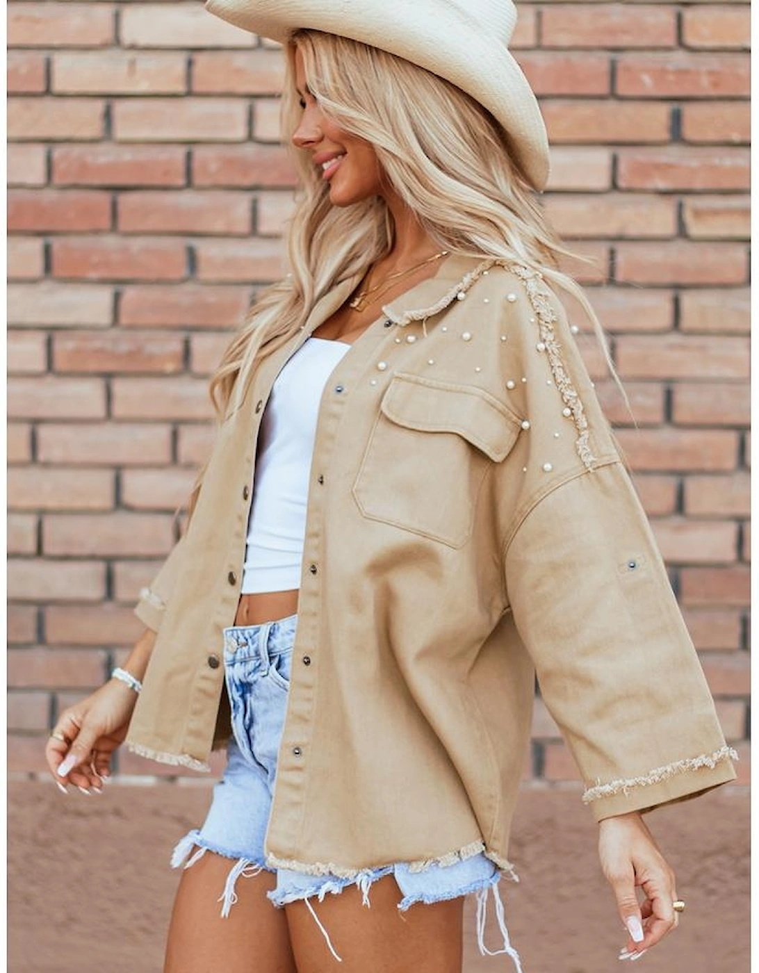 Khaki Pearl Beaded Raw Hem Button Up Denim Jacket