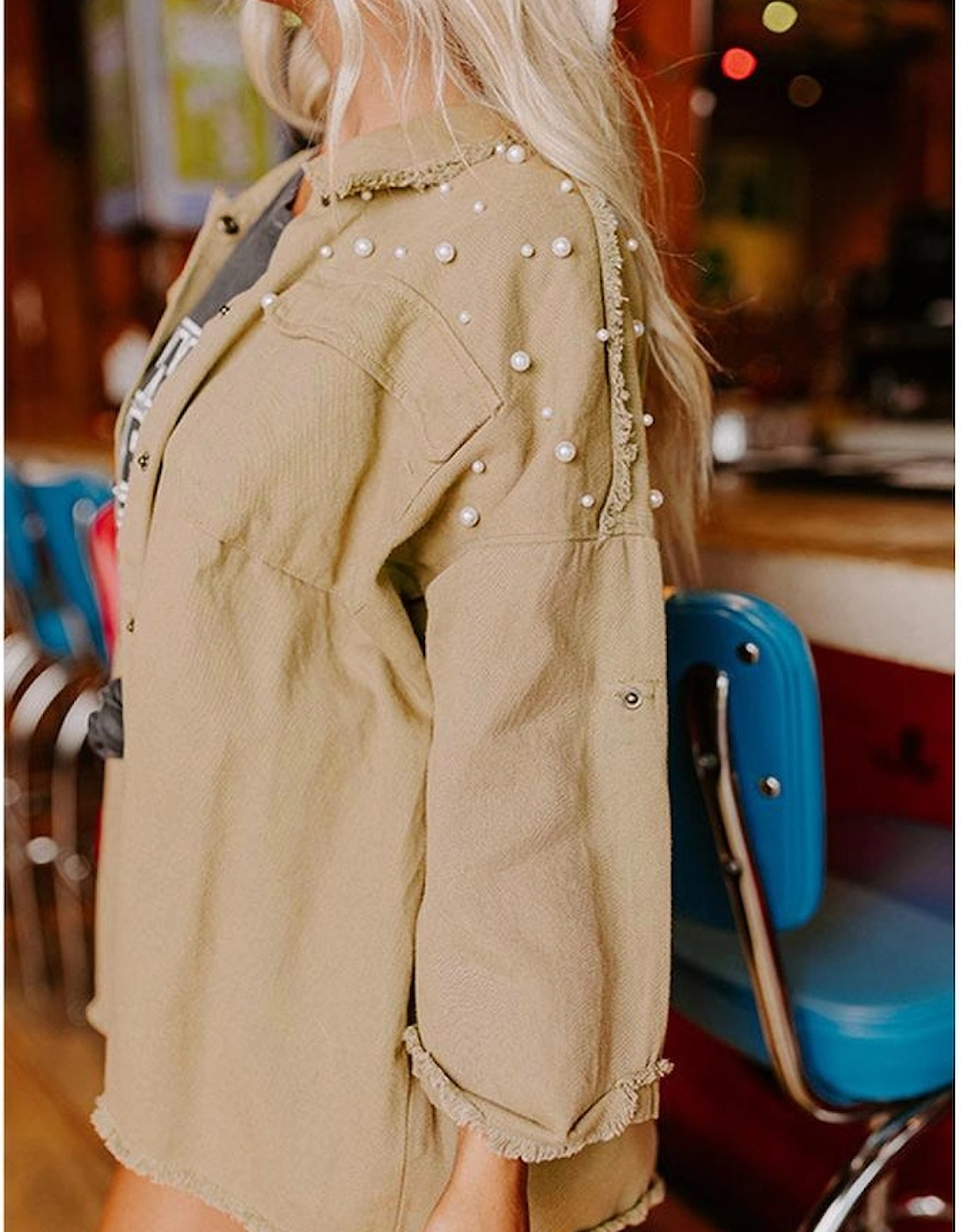 Khaki Pearl Beaded Raw Hem Button Up Denim Jacket