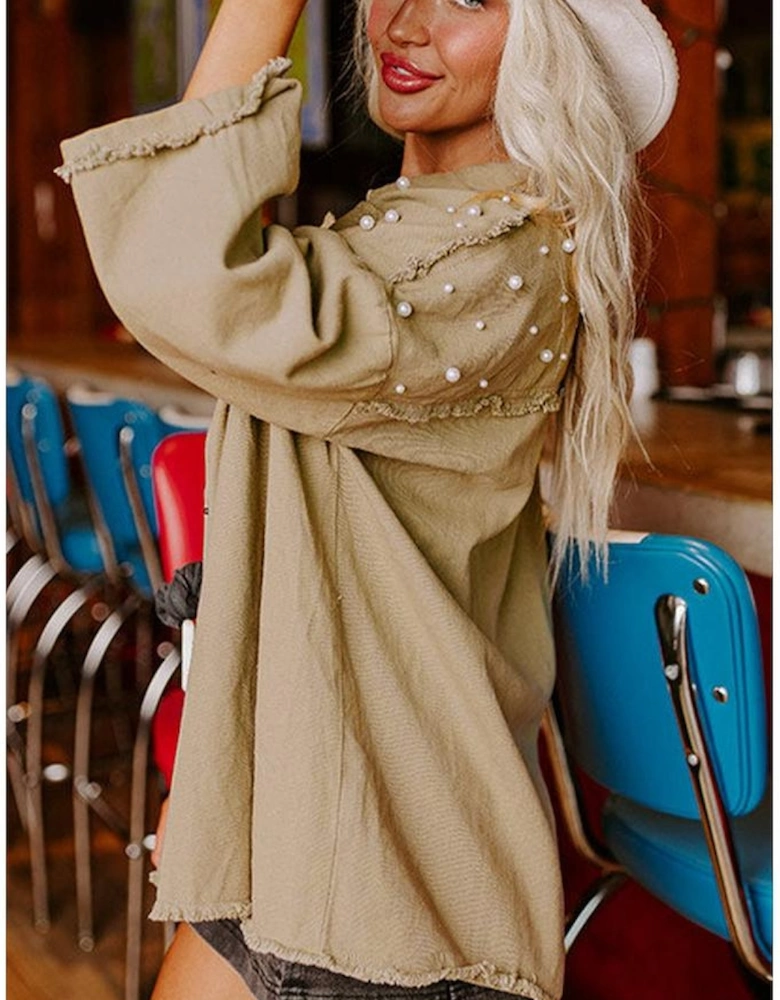 Khaki Pearl Beaded Raw Hem Button Up Denim Jacket