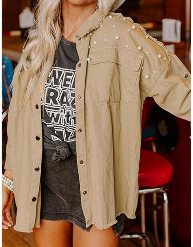 Khaki Pearl Beaded Raw Hem Button Up Denim Jacket