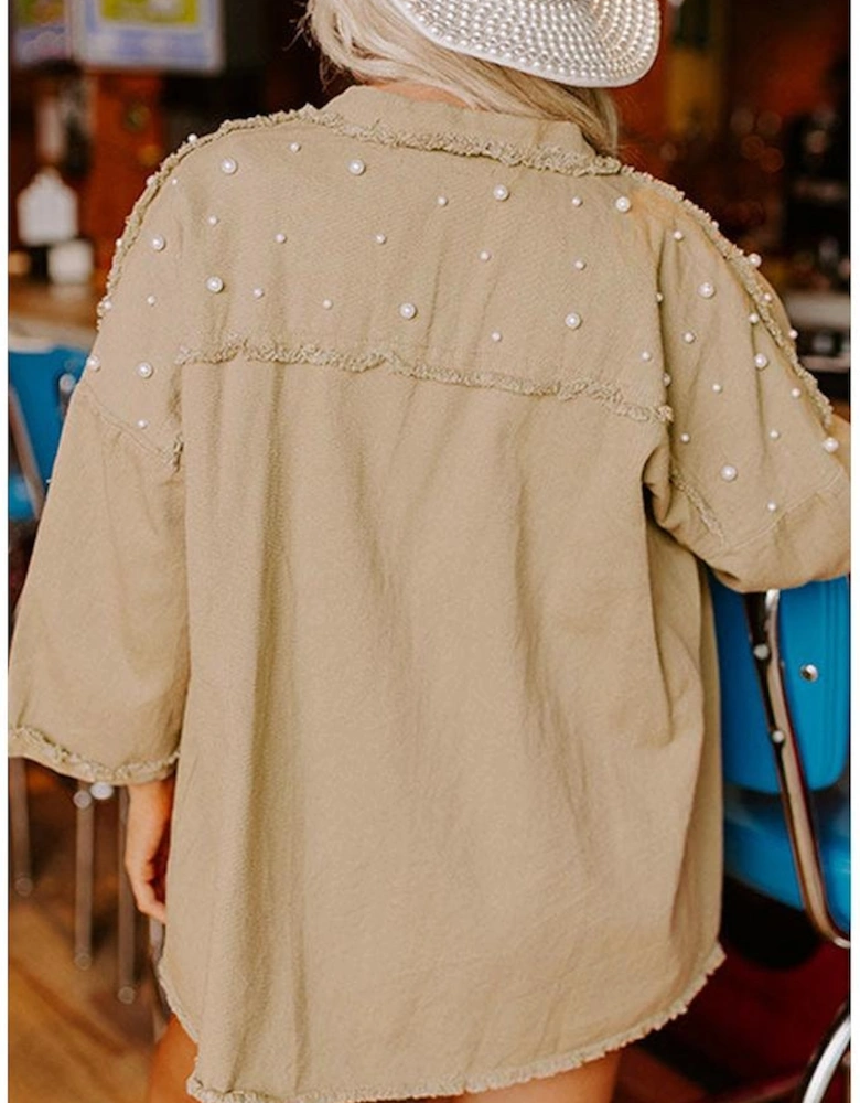 Khaki Pearl Beaded Raw Hem Button Up Denim Jacket