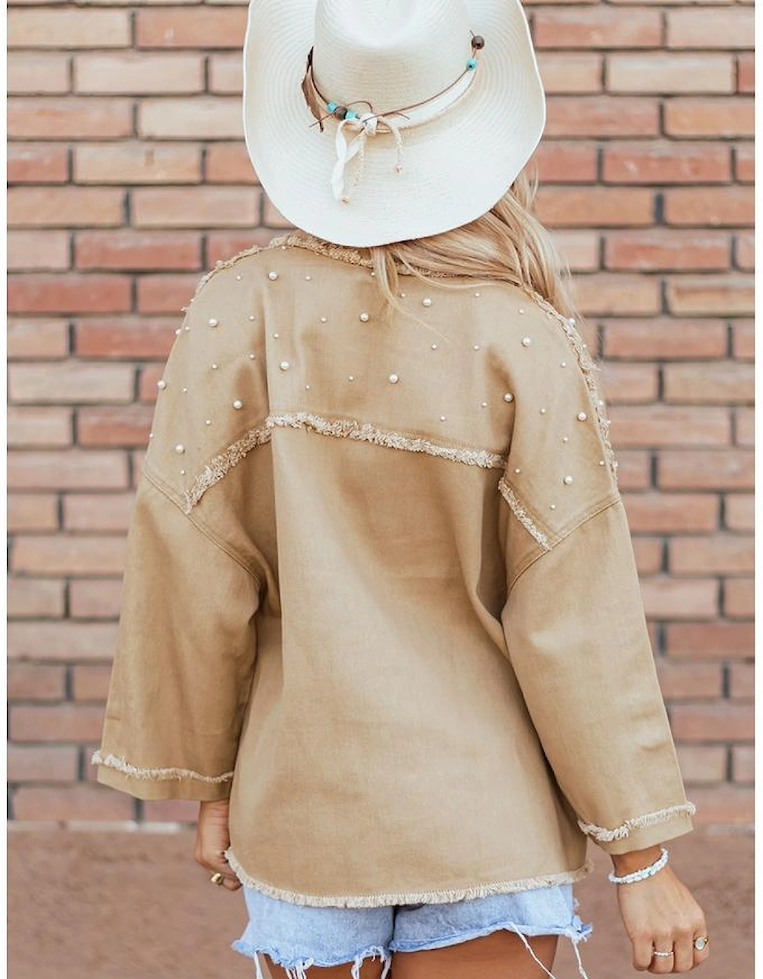 Khaki Pearl Beaded Raw Hem Button Up Denim Jacket