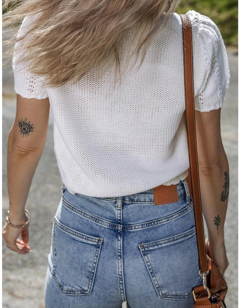 White Pointelle Knit Short Puff Sleeve Crewneck Sweater