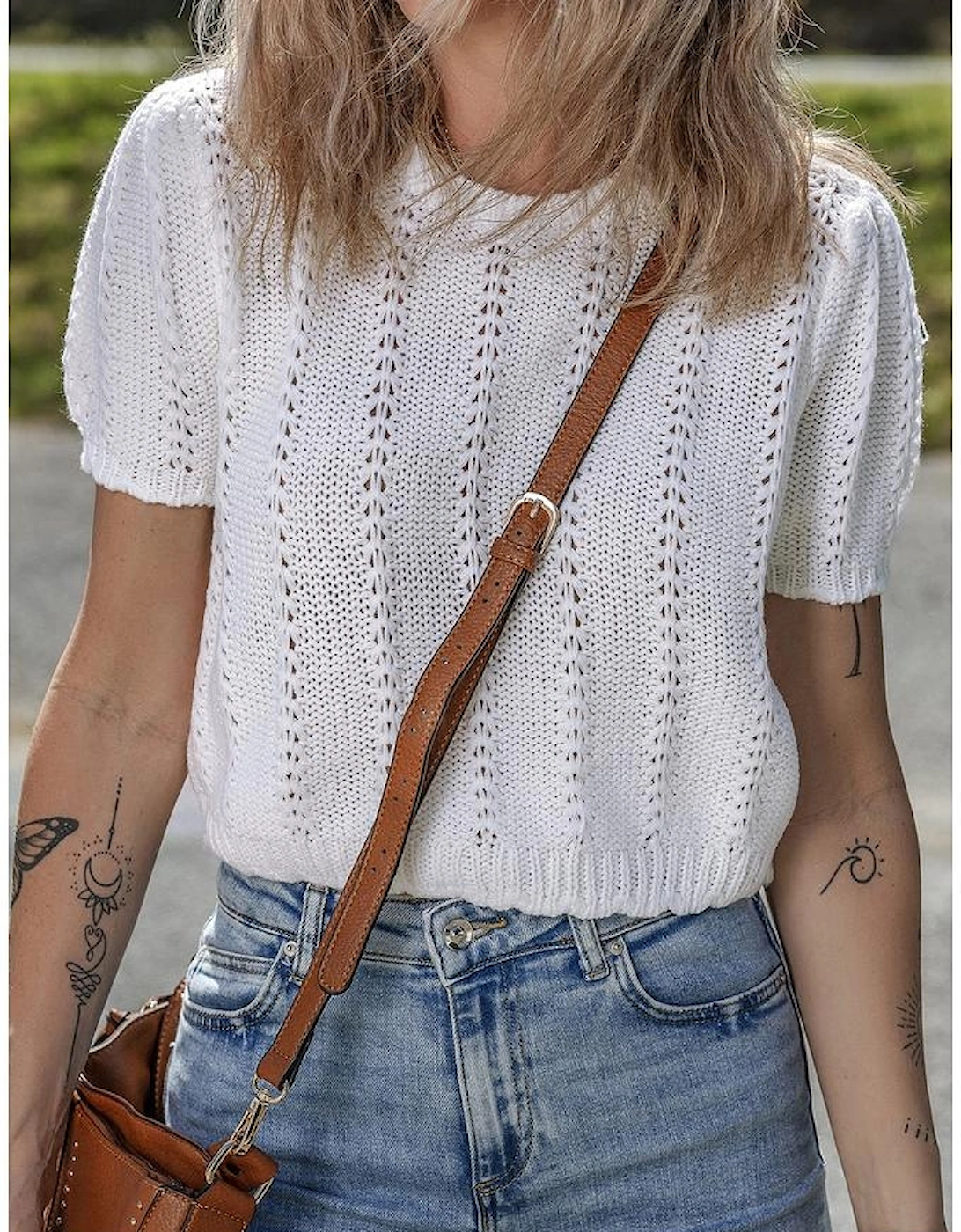 White Pointelle Knit Short Puff Sleeve Crewneck Sweater