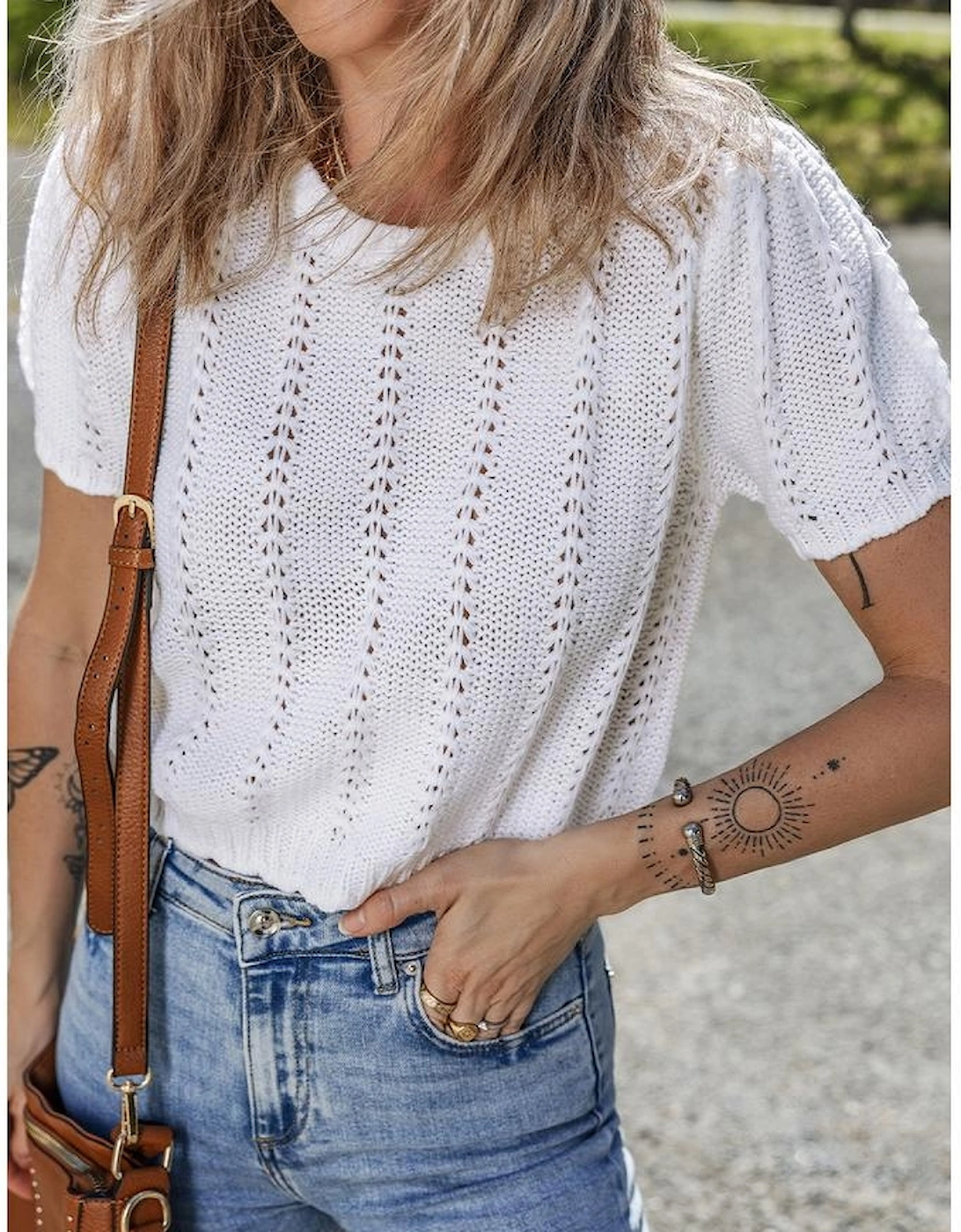 White Pointelle Knit Short Puff Sleeve Crewneck Sweater