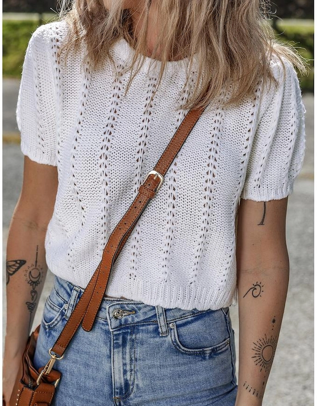 White Pointelle Knit Short Puff Sleeve Crewneck Sweater