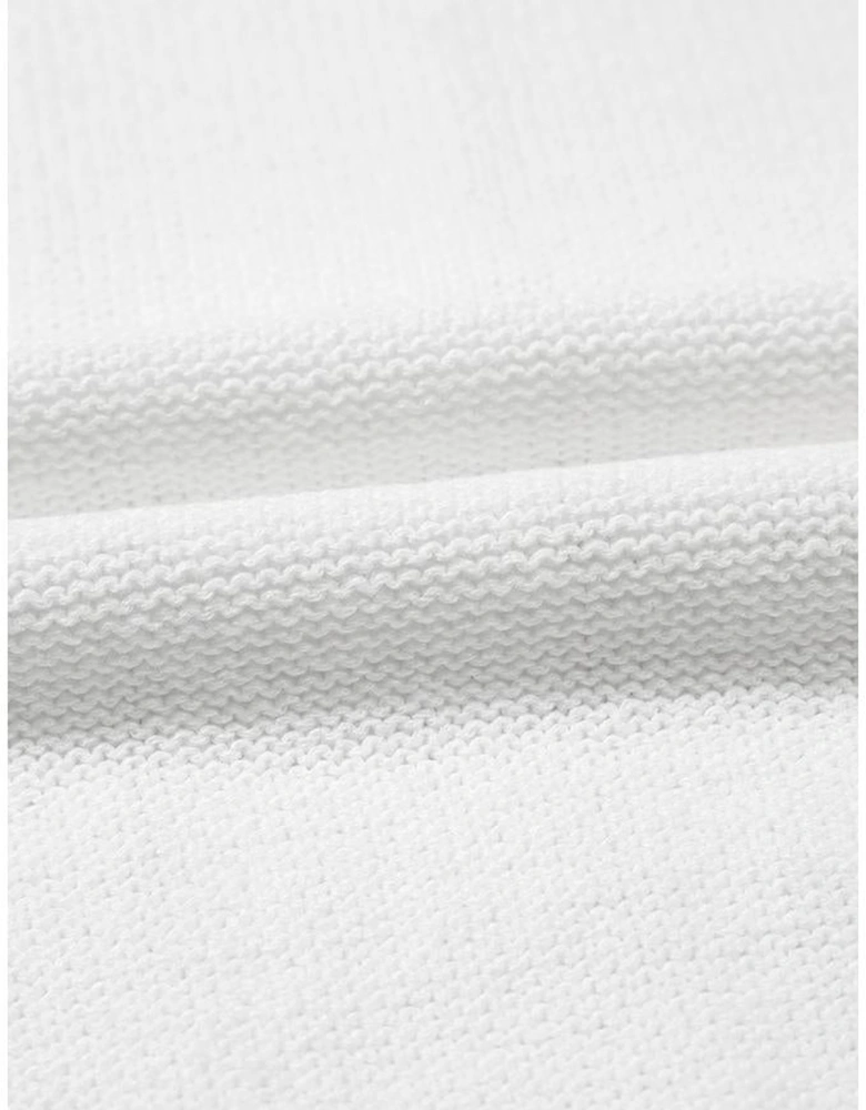 White Pointelle Knit Short Puff Sleeve Crewneck Sweater