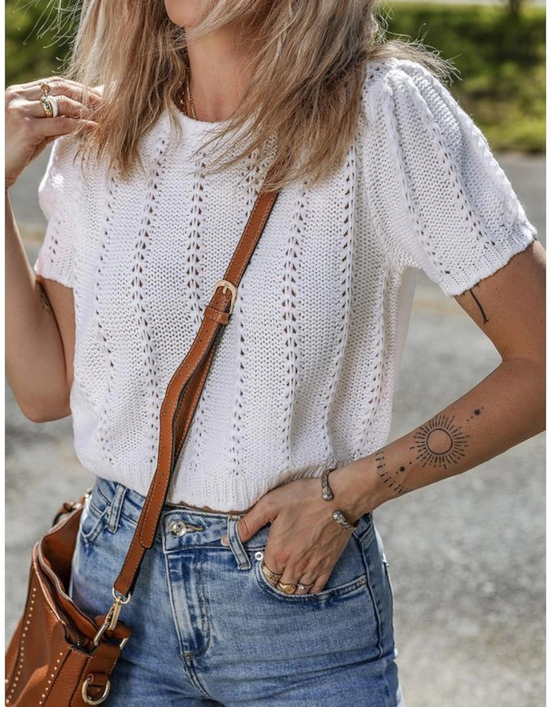 White Pointelle Knit Short Puff Sleeve Crewneck Sweater