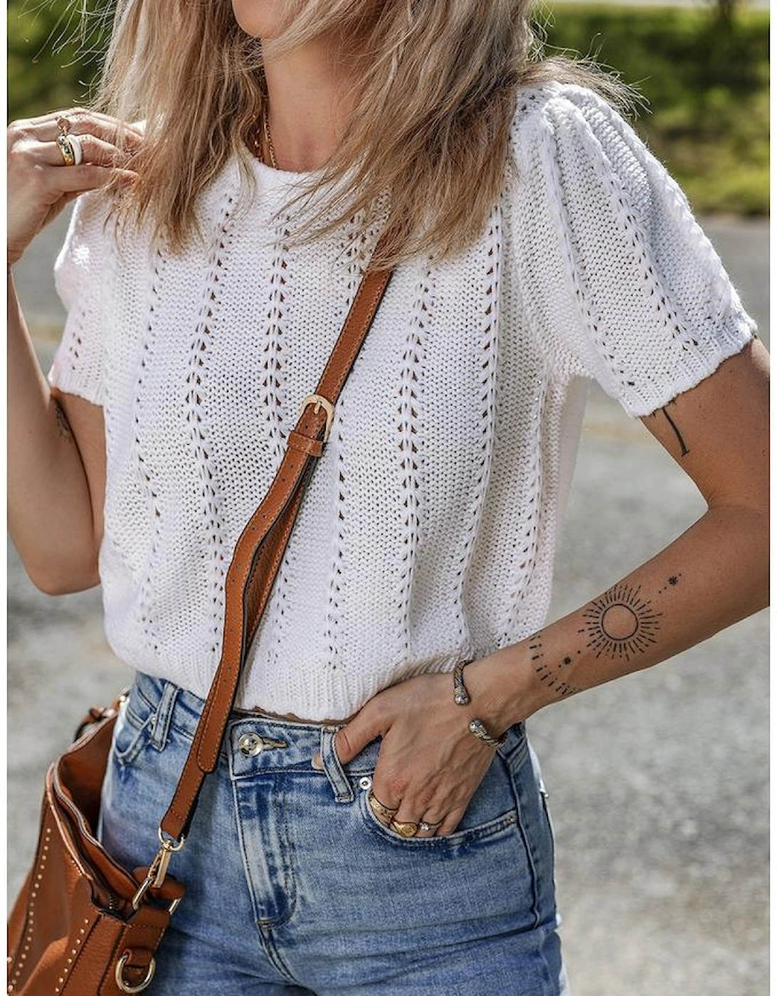 White Pointelle Knit Short Puff Sleeve Crewneck Sweater