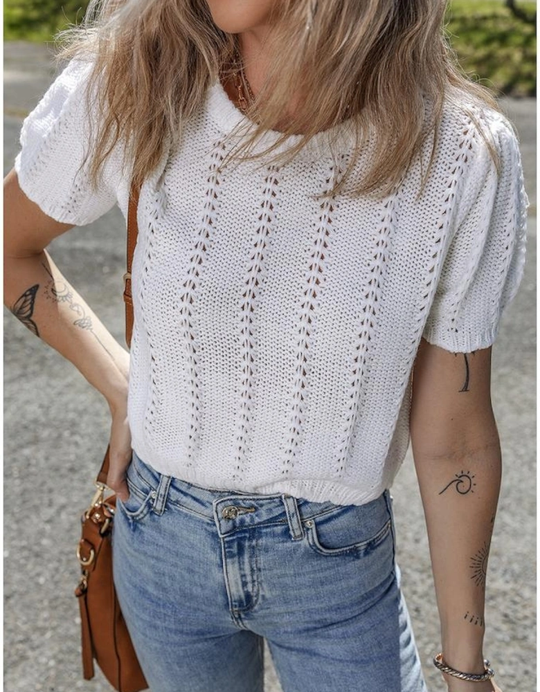 White Pointelle Knit Short Puff Sleeve Crewneck Sweater