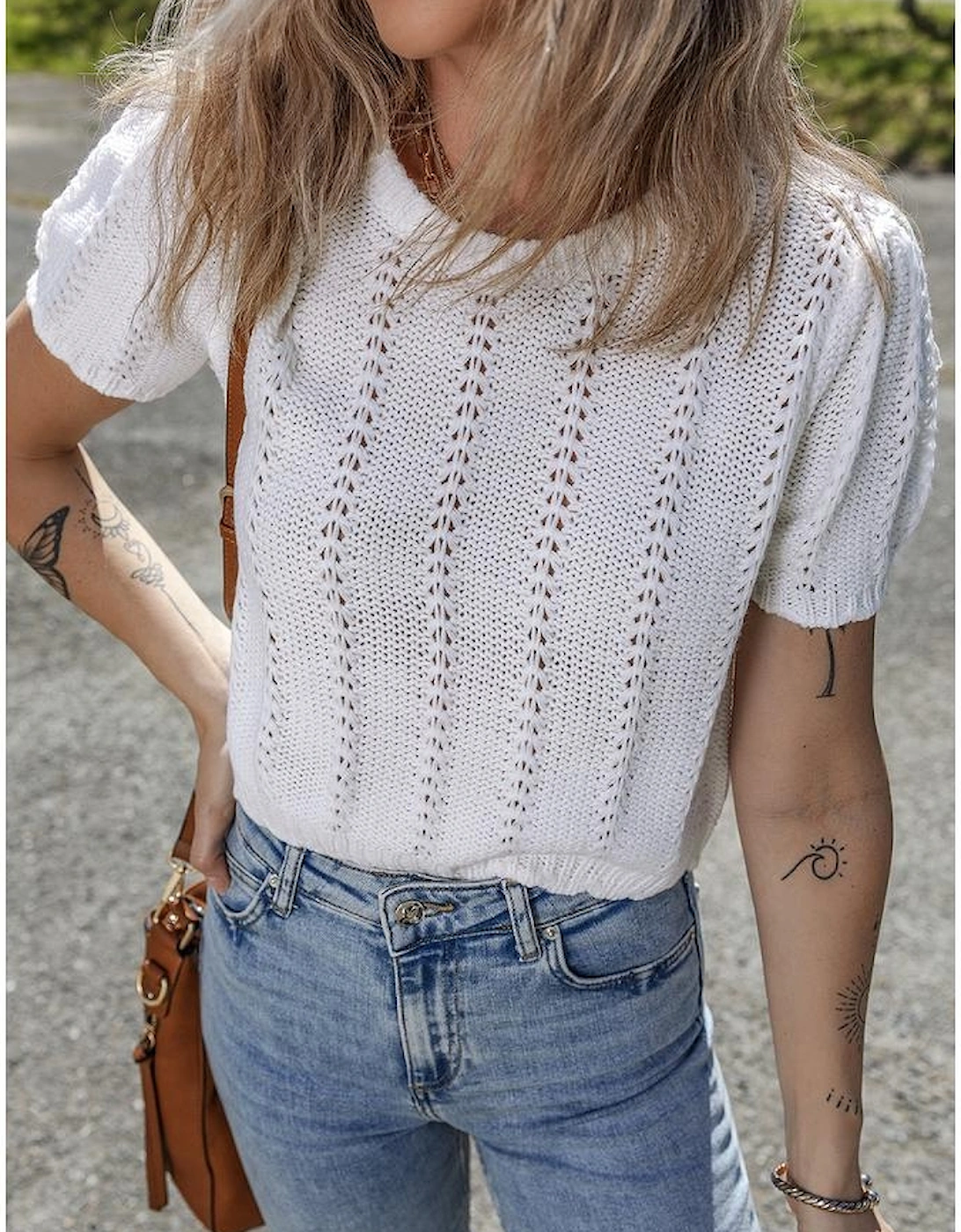 White Pointelle Knit Short Puff Sleeve Crewneck Sweater