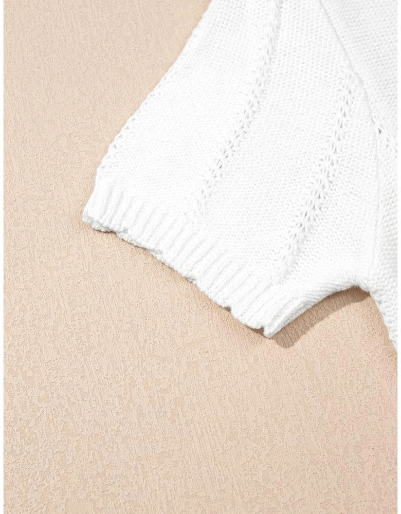 White Pointelle Knit Short Puff Sleeve Crewneck Sweater