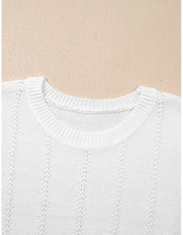 White Pointelle Knit Short Puff Sleeve Crewneck Sweater