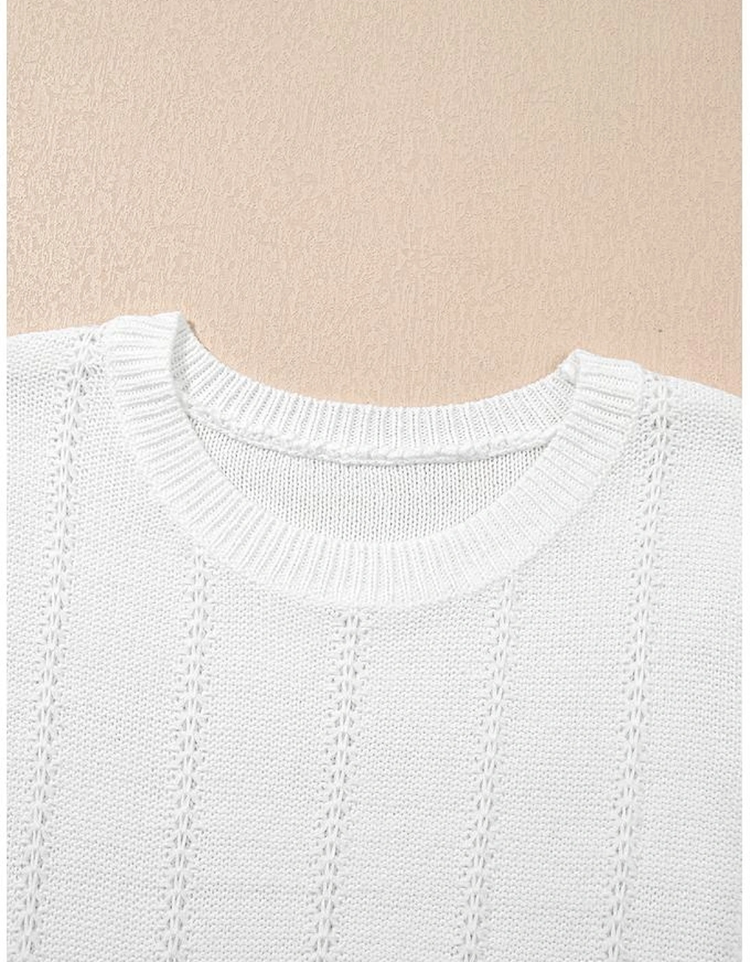 White Pointelle Knit Short Puff Sleeve Crewneck Sweater