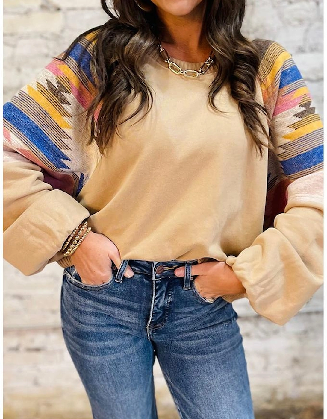 Light French Beige Aztec Patchwork Raglan Pullover Sweatshirt