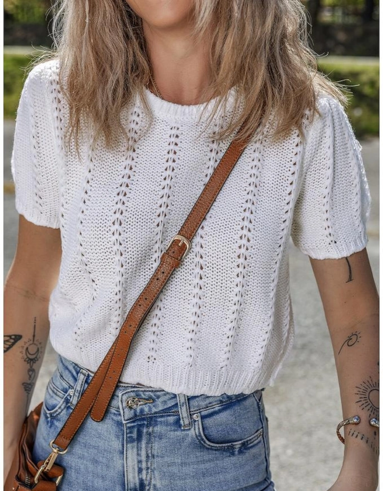 White Pointelle Knit Short Puff Sleeve Crewneck Sweater